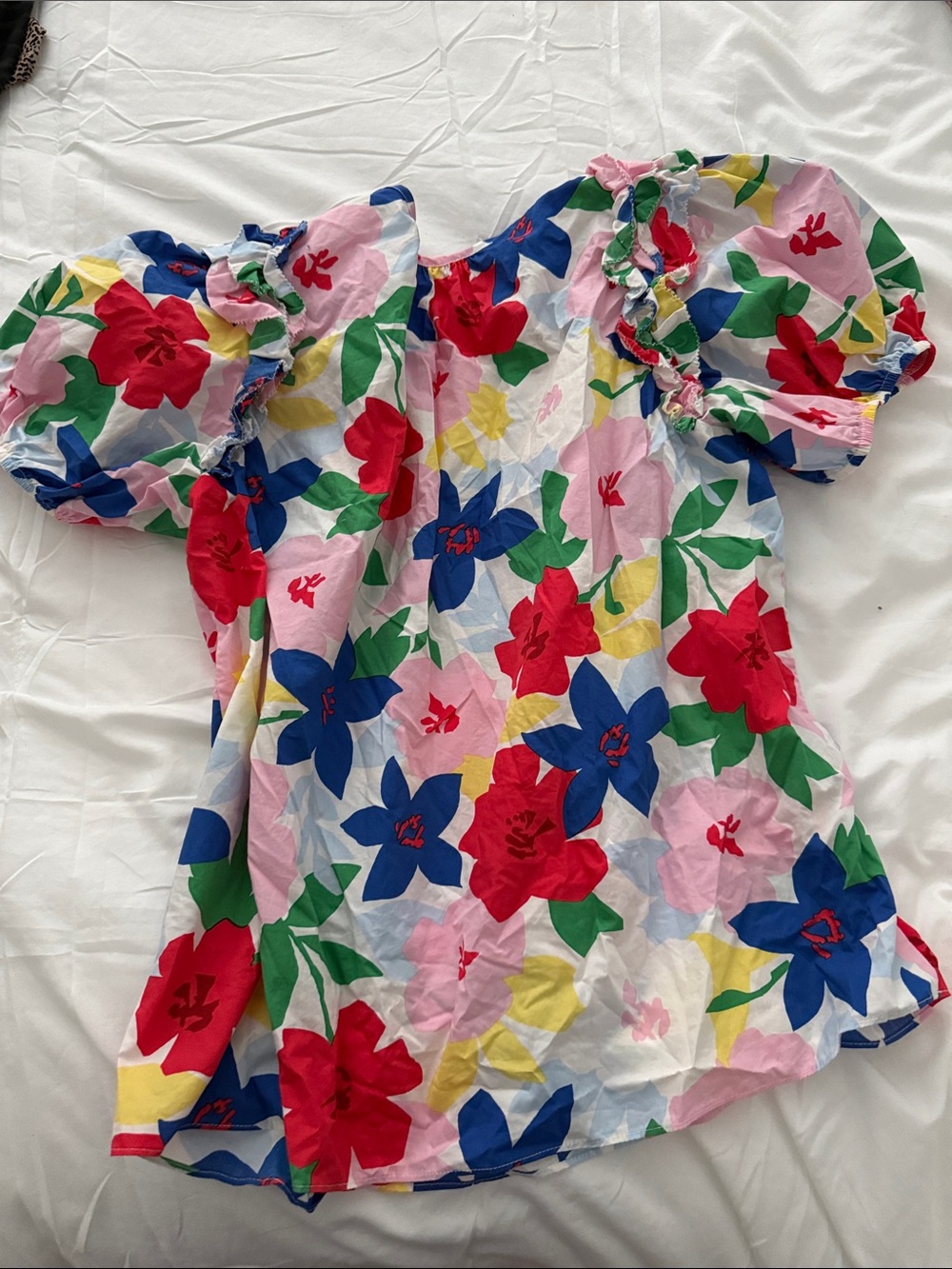 Karlie Bright Floral Puff-Sleeve Blouse in Red, Blue, Green, Pink, Yellow